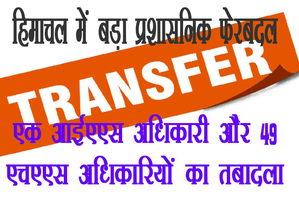 हिमाचल सरकार ने वीरवार को बड़ा प्रशासनिक फेरबदल किया है। हिमाचल प्रदेश सरकार ने एक आईएएस अधिकारी और 49 एचएएस अधिकारियों के तबादला कर दिया है। इसके अलावा छह एचएएस अधिकारियों को अतिरिक्त कार्यभार सौंपा गया है। एसडीएम चम्बा आईएएस अधिकारी नवीन तंवर को एसडीएम कांगड़ा तैनात किया गया है।
