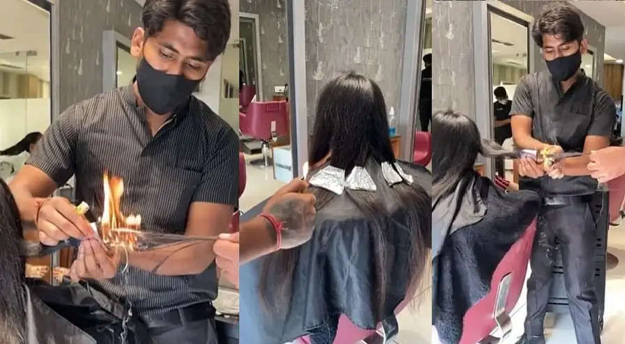 बालों में लगी आग वाला ये वीडियो लोगों को हैरानी में डाल रहा है। वीडियो में एक लड़की दिख रही है, जो पार्लर में बाल कटवाने गई थी। आप वायरल वीडियो में देख सकते हैं कि लड़की कुर्सी पर बैठी हुई है। एक युवक उसके बालों को अपने हाथ से पकड़े हुए दिखाई दे रहा है।